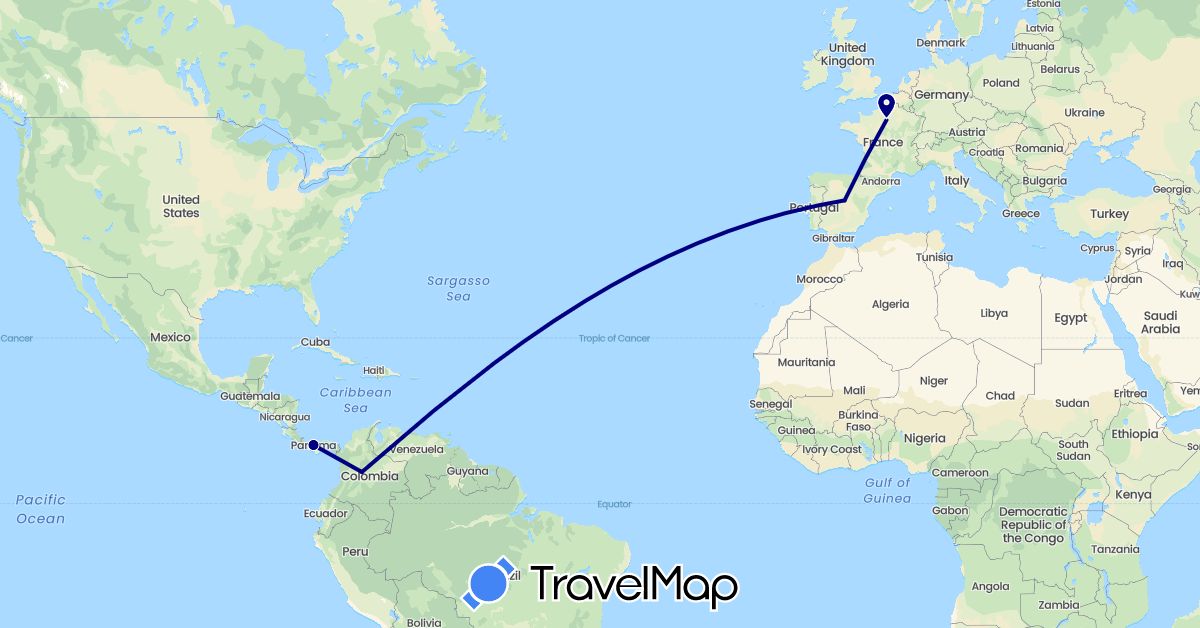 TravelMap itinerary: driving in Colombia, Spain, France, Panama (Europe, North America, South America)